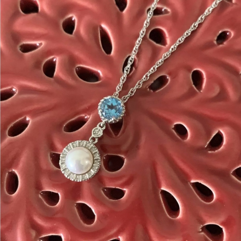 HONORA Sterling Freshwater Cultured Pearl, Blue Topaz Diamond Accent Necklace